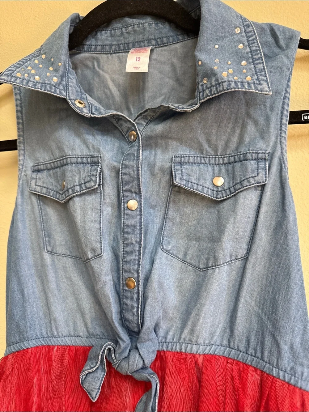 Girls' Sleeveless Denim Top Red White Blue Ombre Tulle Dress 4th of July